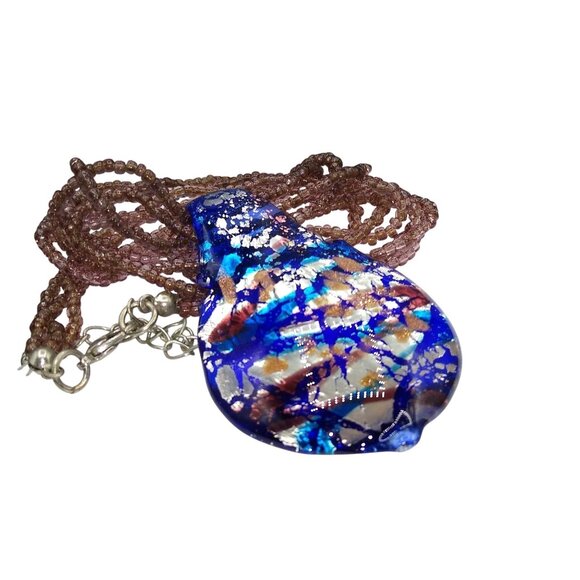 Dichroic Art Glass Modernist Pendant on Multi Strand Seed Bead Necklace, Vivid - Picture 5 of 5